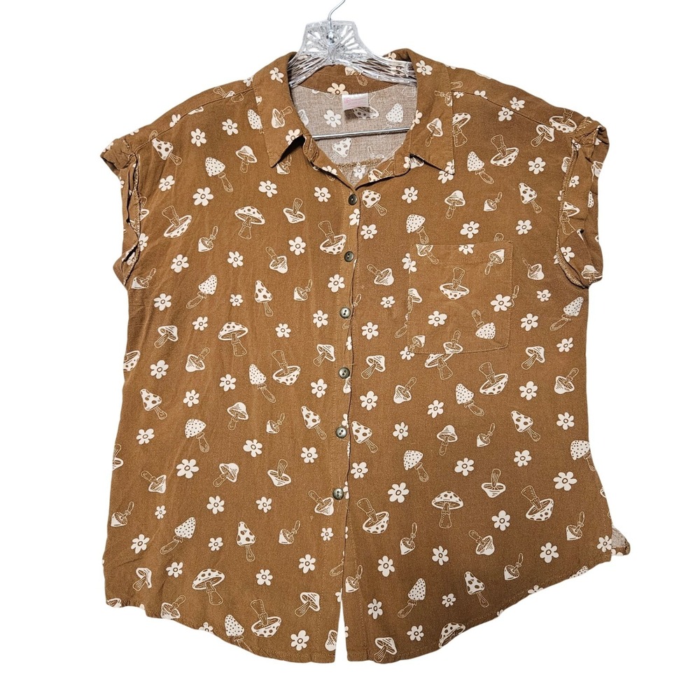 Mushroom Cottagecore Earthy Boho No Boundaries Button‎ Up Shirt Juniors XL Brown